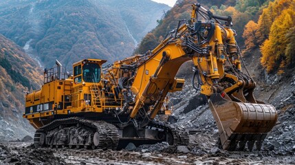 Powerful Dragline Excavator Navigating Rugged Autumn Landscape for Resource Extraction - obrazy, fototapety, plakaty