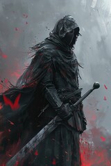Swordsman   crow, Return Knives and Arrows, Struggle for Supremacy, Glaring Stare, quantum, Predawn, Terror, Eerie, Medium shot, Dark Vibrant Colors