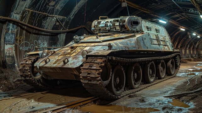 Powerful Underground Personnel Carrier With High Performance Military Equipment in Gritty Industrial Setting