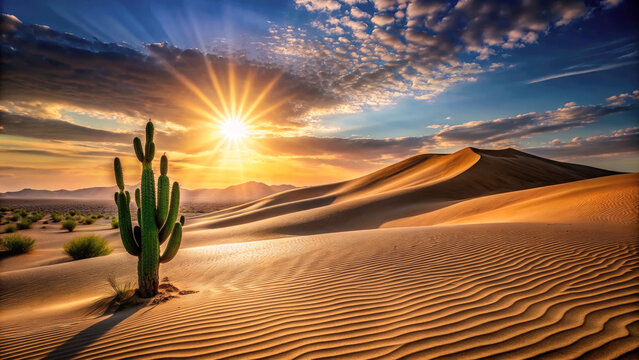 Sunset landscape in the desert, big cactus, wallpaper design. Generative ai