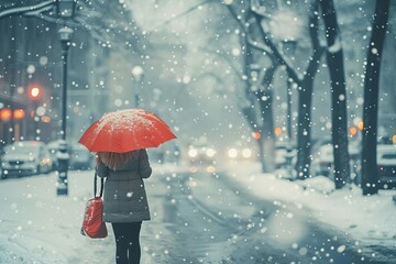 woman walking in snowy city with umbrella winter urban scene