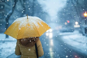 woman walking in snowy city with umbrella winter urban scene