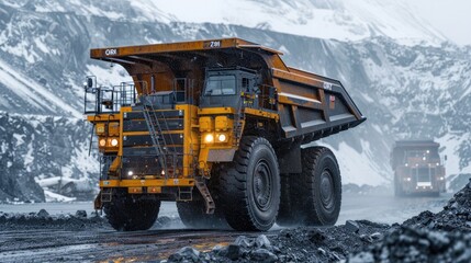 Powerful Ore Hauling Dump Truck Navigating Snowy Mountain Terrain for Resource Extraction and Industrial Transportation