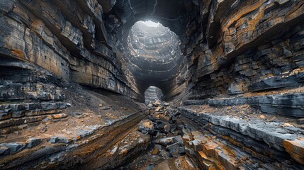 Cavernous Tunnel Carved Through Rugged Rock Formations Inviting Adventurous of a Mysterious Geological Landscape - obrazy, fototapety, plakaty