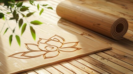 Blank mockup of a zeninspired bamboo yoga mat with a lotus flower design. . - obrazy, fototapety, plakaty