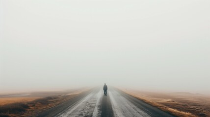 Person walking alone on foggy road through open fields