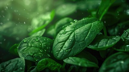 Obraz premium Fresh green leaves with water droplets after rain