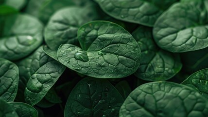 Close-up of green leaves with water droplets - obrazy, fototapety, plakaty