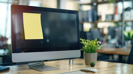 Desktop computer monitor with sticky note on screen in office environment