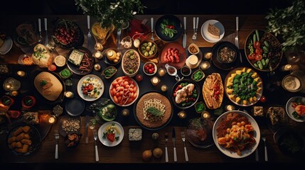 Dinner table with various food seen from top view image.