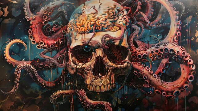 A skull with a melting brain, tentacles and unblinking eyes intertwining in a tapestry of thought