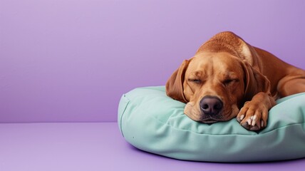 Brown dog sleeping peacefully on teal cushion against purple background - obrazy, fototapety, plakaty