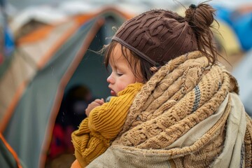 young homeless woman holding her baby in a refugee camp temporary shelter for migrants and immigrants - obrazy, fototapety, plakaty