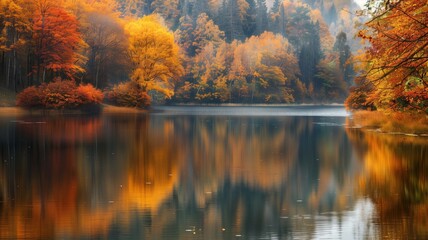 Fototapeta premium Serene lake reflecting vibrant autumnal forest