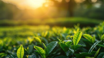 Green tea leaves at plantation during sunrise with soft sunlight shining through - obrazy, fototapety, plakaty