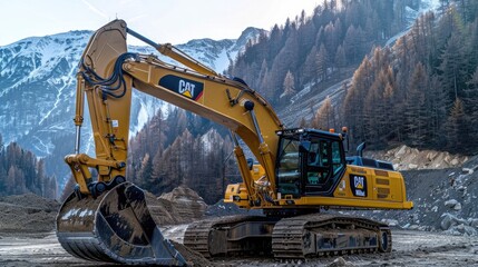 Powerful Yellow Hydraulic Excavator Digging in Mountainous Forested Landscape for Infrastructure Development - obrazy, fototapety, plakaty