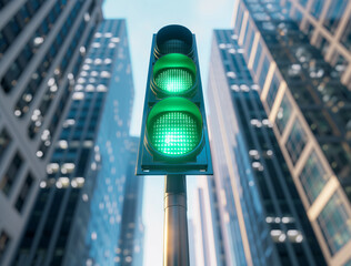 Green light go traffic signal on a downtown city street