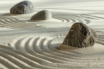 zen garden with raked sand and rocks minimalist photography