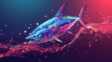 Fish, tuna, marlin jumping out, from futuristic polygonal blue lines and glowing stars for banner, poster, greeting card. AI generated - obrazy, fototapety, plakaty