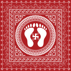 Aipan Design pattern for india festival vector red and white color And footprints of Lakshmi Mata.