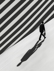 Minimalist businessman carrying a briefcase walking to work against a modern white background