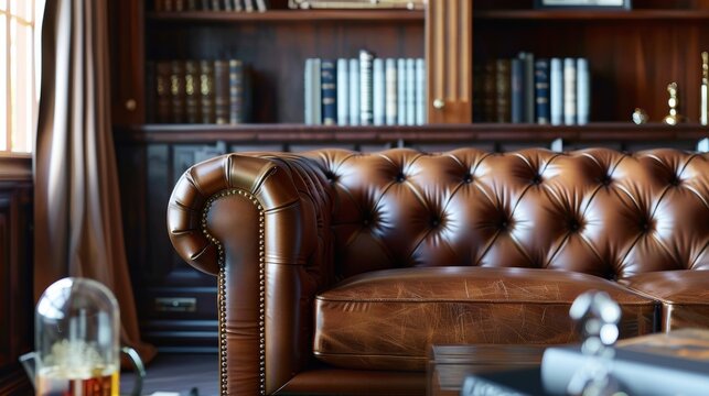 A leather chesterfield sofa is nestled in the corner of the room its smooth and shiny surface a striking contrast to the textured suede walls. The sofa invites you to sink in and get .