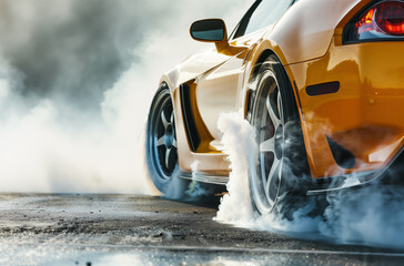 Sports car rubber tire smoking from a burnout on a race track