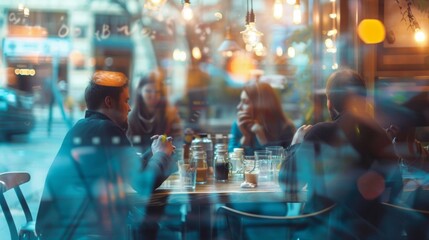 A blurred image of a team huddled around a table in a cozy cafÃ© their animated gestures and expressions blurred in the background as they brainstorm and share creative concepts. .
