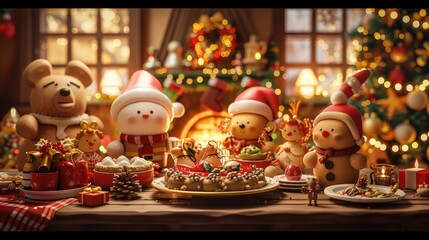 Festive 3D Clay Style Cartoon Christmas Dinner Scene with Whimsical Characters and Cozy Holiday Decor