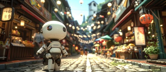 Robotic Child Explores Whimsical Underground Network in Bustling Marketplace
