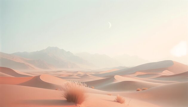 The gentle curves of desert dunes bask in the soft, warm glow of dawn, creating a tranquil and soothing landscape.