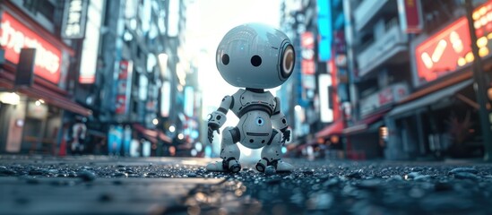 A Gummy Robot Child Explores the Bustling Cityscape Seeking Meaning Amidst the Technological Progress - obrazy, fototapety, plakaty
