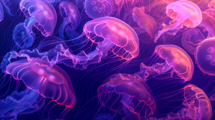 Many jellyfish, pink and purple gradient, illustration