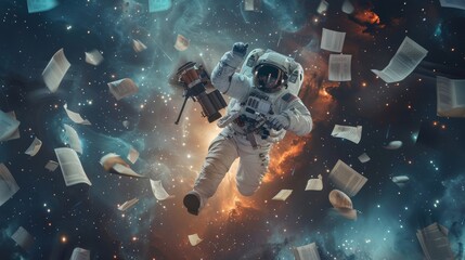 Against a backdrop of stars and galaxies an astronaut floats in midair surrounded by a flurry of papers and journals. With a confident smile they hold a flashlight in one hand and . - obrazy, fototapety, plakaty