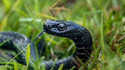Fototapeta premium Agile black mamba slithering through tall grass in Africa