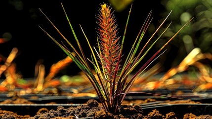 A plant with green and yellow leaves is growing in the dirt