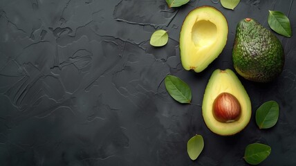 Halved avocado with pit on dark textured background, accompanied by whole and leaves