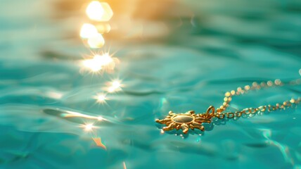 Sun-shaped pendant floating on shimmering water surface with sparkling light reflections - obrazy, fototapety, plakaty