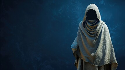 Mysterious figure in hooded cloak against blue backdrop - obrazy, fototapety, plakaty