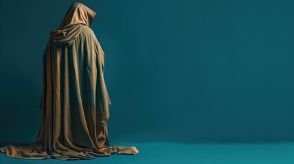 Person in brown cloak kneeling on floor, facing away, against blue background