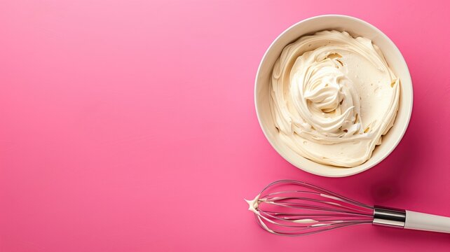 Whipped cream in bowl beside metal whisk on pink background