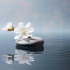 Stone and flower rest peacefully on a calm Zen pond