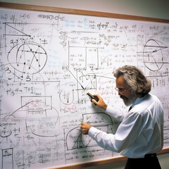 Man solves a complicated math equation on a large white board