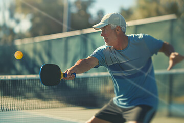 Man holding a pickleball paddle swings for the ball on an outdoor court in the summer