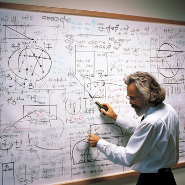 Man solves a complicated math equation on a large white board