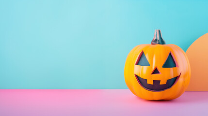 A carved halloween pumpkin, jack o lantern with a smiley face and glowing eyes on it is on a pastel background with empty copy space for text.
