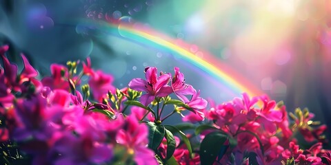 Beautiful Floral Scene Pink Flowers Flourish Amidst Rainbow and Glowing Atmosphere