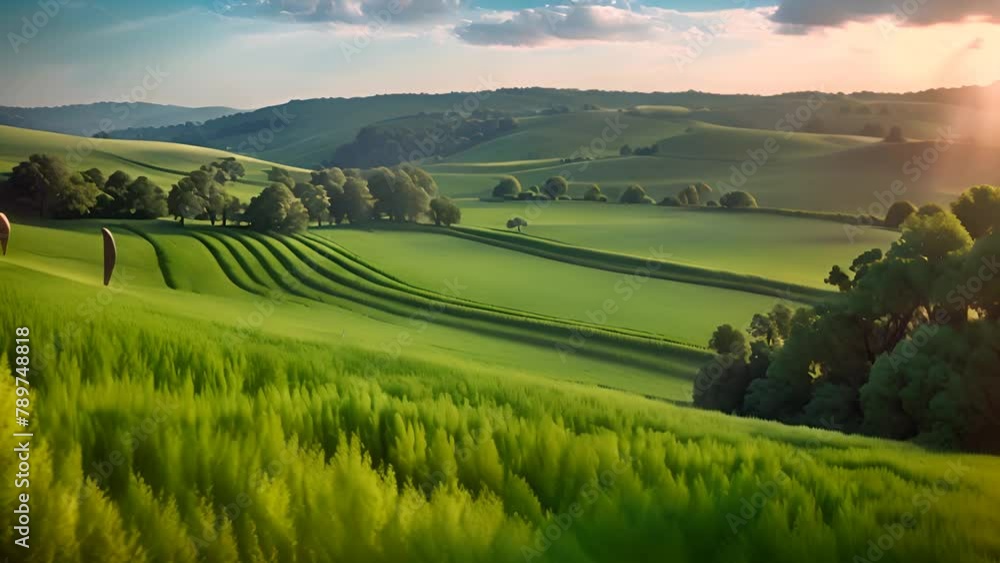 Poster green field with trees and hills generative ai