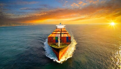 Sunset voyage, aerial perspective of cargo ship at sea - obrazy, fototapety, plakaty