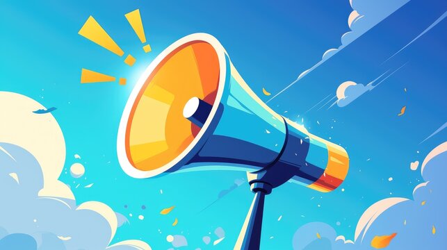 A vibrant cartoon cartoon megaphone complete with a bell notification symbolizes the concept of marketing in real time It conveys the idea of online news being broadcasted through a loudspea